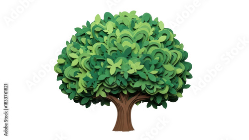 Lush Green Tree with Leafy Canopy in Vibrant Paper Cut Style