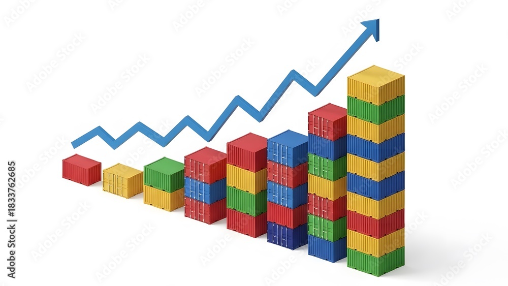 Fototapeta premium Global shipping containers forming a growth chart with rising arrow, logistics