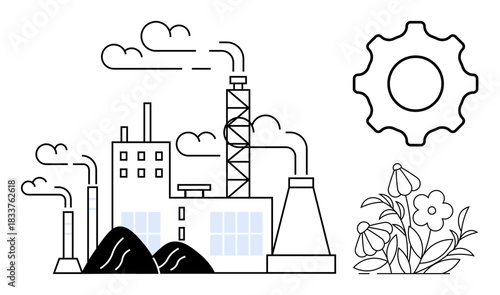 Environmental issues, pollution, industrial growth, renewable energy, factory design, sustainability concerns. Factory emitting smoke, gear symbol and blooming flowers. Pollution and sustainability