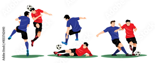 Set of two footballers tackle to win the ball back . Flat design cartoon character . Vector .