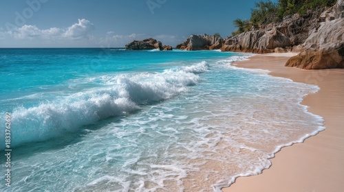 The ocean is calm and the waves are small. The beach is sandy and the water is blue