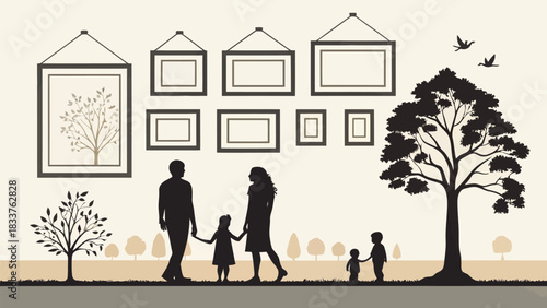 Family stroll through park with art gallery inspiration, perfect for home decor or creative projects, captured in silhouette style, conveying warmth and togetherness
