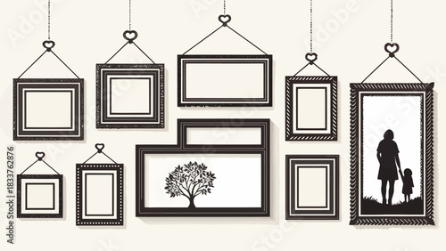 Charming collection of hanging picture frames with delicate heart details, perfect for showcasing family memories and artistic designs in home decor projects