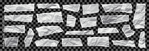 Torn edge paper set. Vector white crumpled jagged ripped papers with distressed edges. Grungy frame headline stickers. Irregular square and rectangular shape collage pieces. Rough childish tear strips