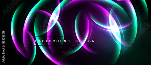 Abstract neon lights form flowing shapes. Vibrant colors blend against dark background. Modern design element for digital projects.