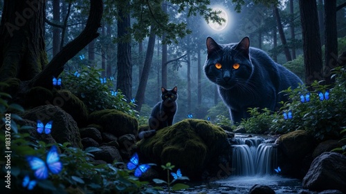 Mystical black cats in an enchanted moonlight forest
