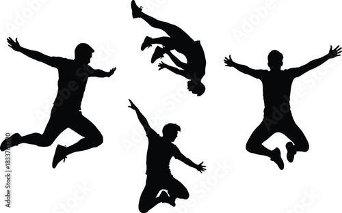 Active Man Jumping Silhouette Set Vector Illustration of Guy Leaping in Air and Doing Parkour Flips Isolated on White