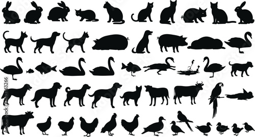 Animal Silhouette Vector Collection of Farm Livestock Pets and Birds Isolated on White Background