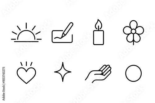 Minimalist line icons of nature and wellness: sun, candle, heart, flower, hand, and more