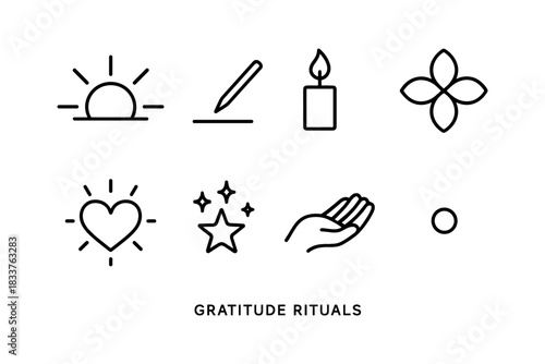 Minimalist gratitude ritual icons set featuring sun, candle, heart, star, hand, and flower
