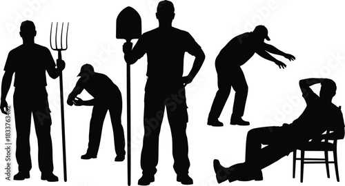 Farmer and gardener silhouettes collection of men working with tools and resting on chair vector illustration.