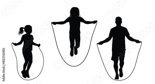 Family jumping rope silhouettes vector illustration of man and children skipping for fitness isolated on white.