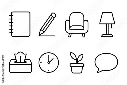 Minimalist outline icons of stationery, furniture, and plants