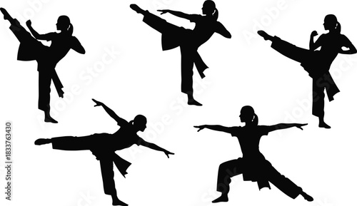 Female martial artist silhouette vector set performing kung fu kicks and fighting poses.