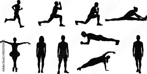 Fitness and sport silhouettes set of men and women doing exercises running plank and stretching vector illustration.