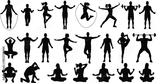 Fitness Silhouette Collection of People Performing Yoga Cardio Weightlifting and Stretching Exercises Vector Illustration