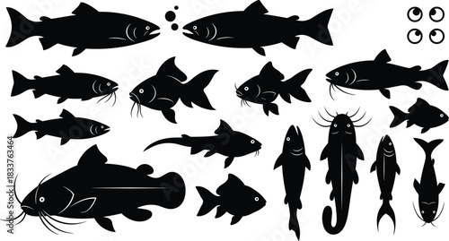 Freshwater Fish Silhouettes Vector Set Featuring Catfish, Trout, and Top View Icons for Fishing Logos