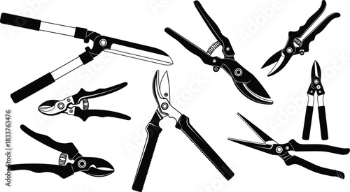 Garden pruning tools silhouette set vector illustration of shears secateurs and loppers for gardening work.