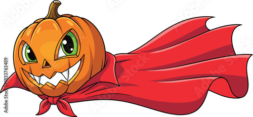 Funny Cartoon Halloween Pumpkin Superhero Character Wearing Red Cape Flying Isolated on White Background for Holiday Mascot Design Vector Illustration