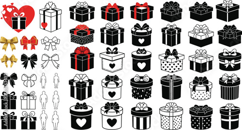 Gift box vector icon set featuring silhouettes outlines and bows for birthday christmas and valentine design.