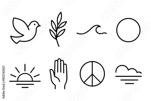 Minimalist peace symbol set with dove, olive branch, and sunrise