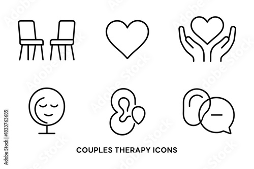 Linear couples therapy icons: heart, chairs, hands, emotion, communication