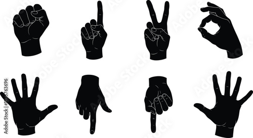 Hand Gestures Silhouette Vector Set Showing Fist Peace OK Pointing and Open Palm Signs
