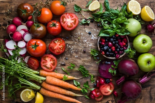 Flat Lay of Fresh, Colorful Organic Vegetables and Fruits on a Wooden Board