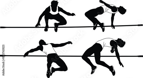 High Jump Athlete Silhouettes Set Vector Illustration of Track and Field Sportsmen Jumping Over Bar