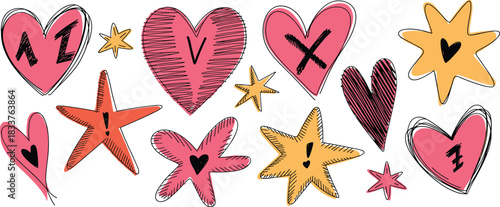 Hand-drawn hearts and stars vector, colorful sketch style, playful symbols, decorative elements, love theme, expressive icons, artistic doodle design