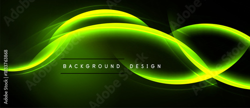 Abstract green waves flow across black space. Dynamic lines create modern design element. Bright glow emphasizes curves, depth.