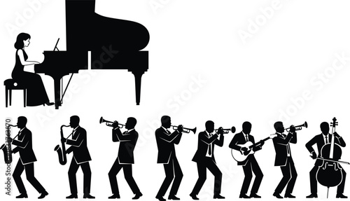 Jazz Band Silhouettes Set of Musicians Playing Piano Saxophone Trumpet and Guitar Vector Illustration
