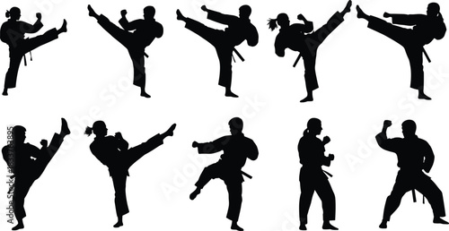 Karate and martial arts silhouettes set featuring fighters in various high kicking and combat stances.
