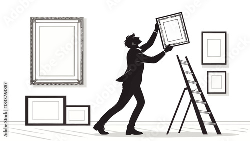 Stylish monochrome scene of professional man carefully hanging picture frames in a gallery space, adding a touch of modern elegance and artistic flair