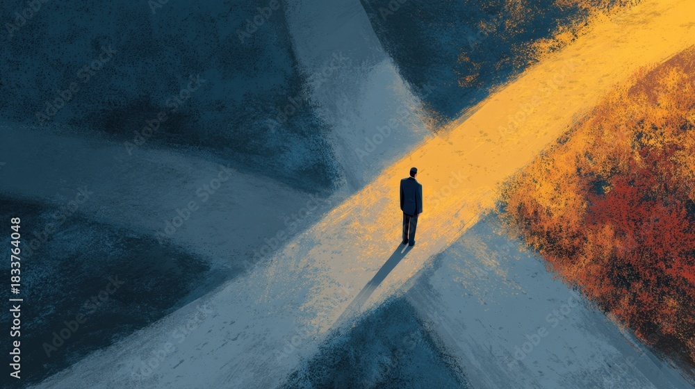 Obraz premium A man is walking down a road with a crosswalk in front of him. He is looking at the road ahead, possibly contemplating his next move. Concept of uncertainty and decision-making