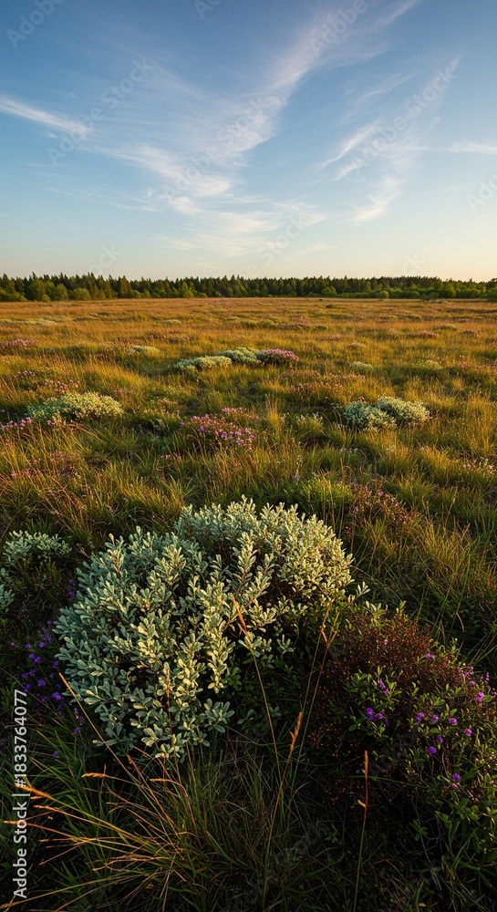 Obraz premium Vast serene landscape showcasing untouched wilderness, vibrant flora, and open sky, ideal for tranquil natural backgrounds ,woods ,peaceful ,mountain