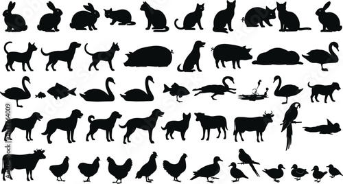 Large Vector Set of Domestic and Farm Animal Silhouettes Including Dogs Cats Birds and Livestock Isolated on White