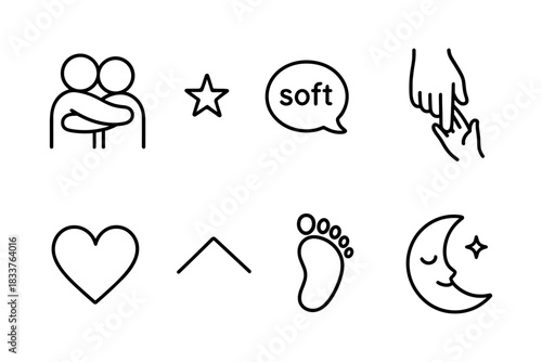 Minimalist outline icons: friendship, love, and serenity collection