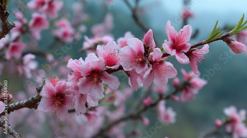 Delicate pink flowers of a peach tree fill the branches in a tranquil garden. The blossoms create a stunning scene in the soft morning light of early spring.