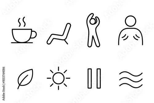 Minimalist icons for wellness and relaxation: coffee, sun, nature, meditation, stretching