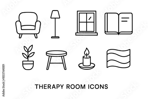 Minimalist therapy room icons set featuring chair, lamp, window, book, plant, stool, candle, rug