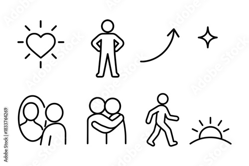 Modern linear icons of health, relationships, and success concepts
