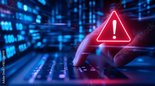 Cyber security threat alert on laptop with red warning sign for virus malware and phishing attack risk