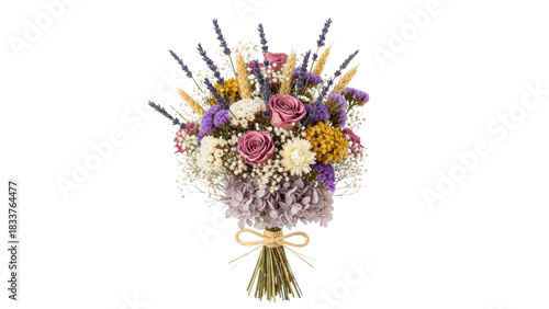 Colorful dried flower bouquet arrangement with ribbon decoration