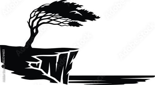Clean black silhouette illustration of a wind-blown tree on a cliff edge above the sea, a minimalist vector depicting nature's resilience and coastal beauty