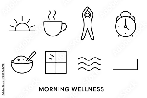 Minimalist morning routine: wellness, coffee, sunrise, and relaxation