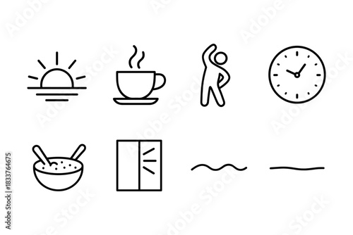 Morning routine icons: sunrise, coffee, exercise, breakfast symbols in minimalist line art