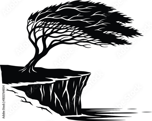 Dynamic black silhouette of a sturdy tree on a windswept cliff edge, minimalist vector illustration, capturing resilience against powerful natural forces with high contrast and no gradients