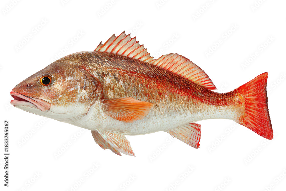 Fototapeta premium Side view of a red fish with reddish scales, fins, and a transparent background