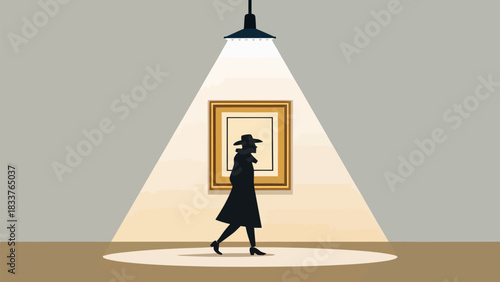 Mysterious silhouette walking past art in a gallery, a scene of quiet contemplation and artistic appreciation, perfect for creative projects.